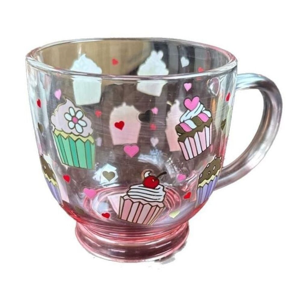 Large Pink Glass Cupcakes and Hearts Party Coffee Mug 17oz Birthday Love